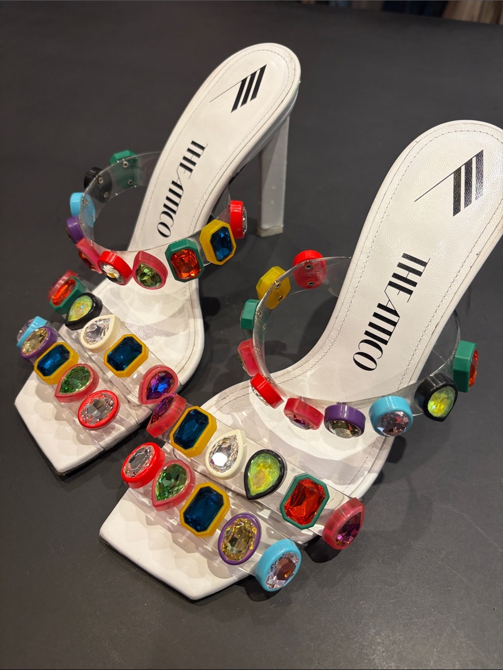 The Attico White Multi-Jewel Clear-Strap Block Heel Sandals